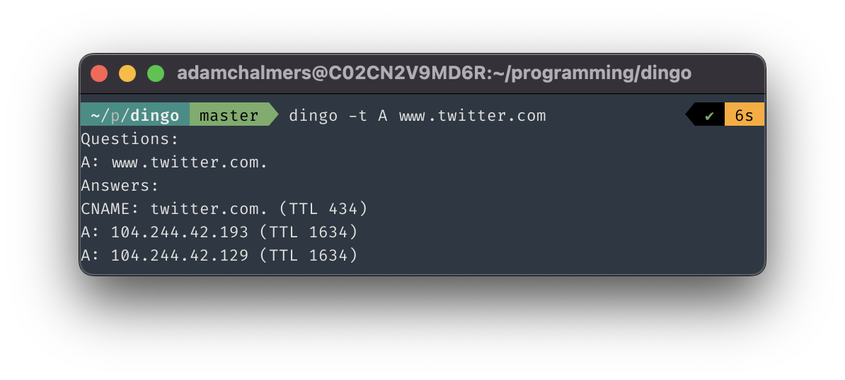 Screenshot of a terminal running dingo, my DNS client, and resolving a name